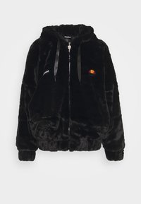 Felpa nera in pile con zip, polsini elasticizzati, cappuccio con cordino e piccolo logo colorato sul petto, presentata su uno sfondo bianco.
