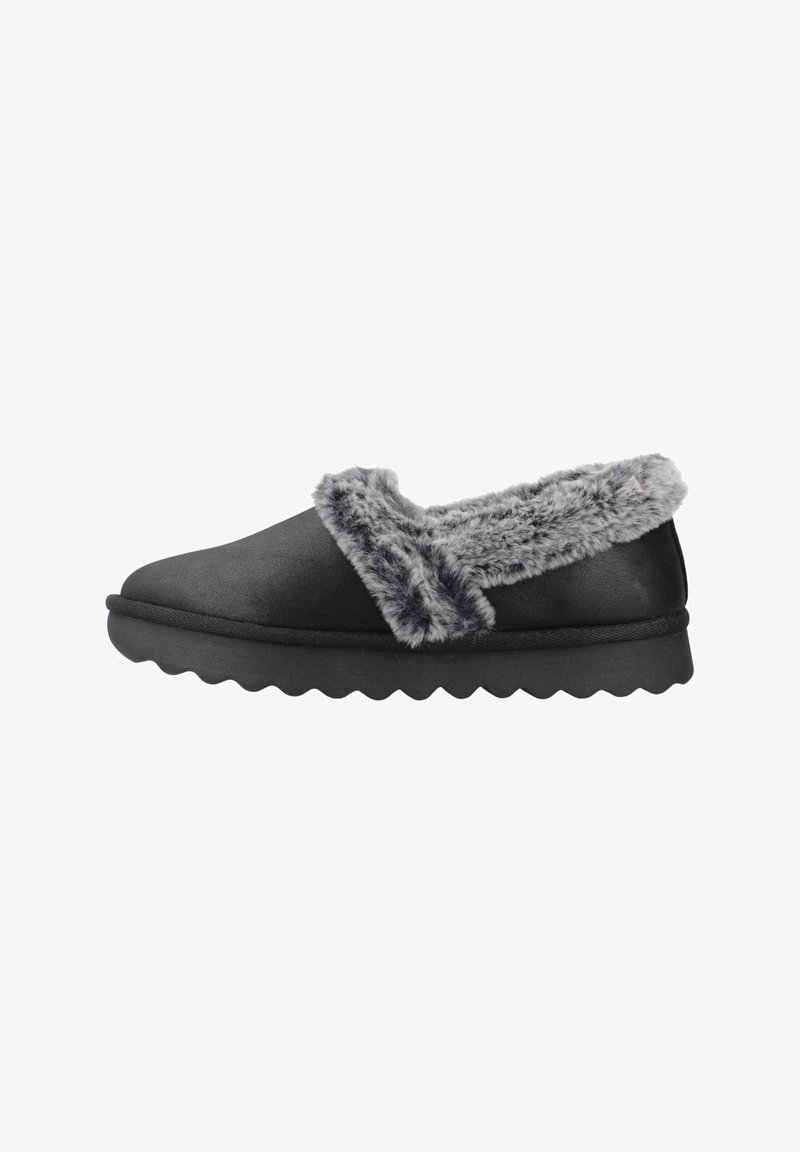Chaussons noirs à enfiler avec un col en fausse fourrure grise douce. Extérieur lisse, bout rond et semelle texturée avec un bord en forme de vagues.
