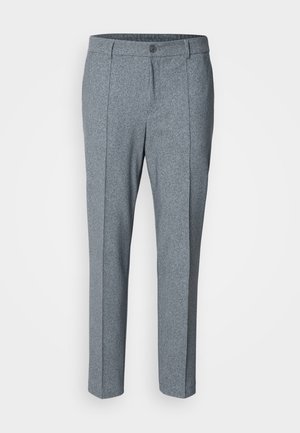 Pantaloni grigi su misura con un motivo testurizzato, design a gamba dritta, chiusura a un bottone e due tasche frontali.