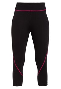 Leggings neri a vita alta, realizzati in tessuto elasticizzato, con una cintura ampia e cuciture decorative rosa in contrasto sui lati.