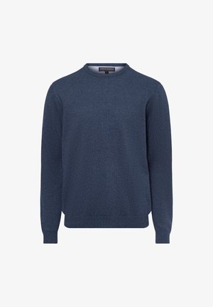 Pull en tricot bleu marine avec un col rond, des manches longues et des poignets côtelés. Le tissu a une texture douce avec un motif chiné subtil.