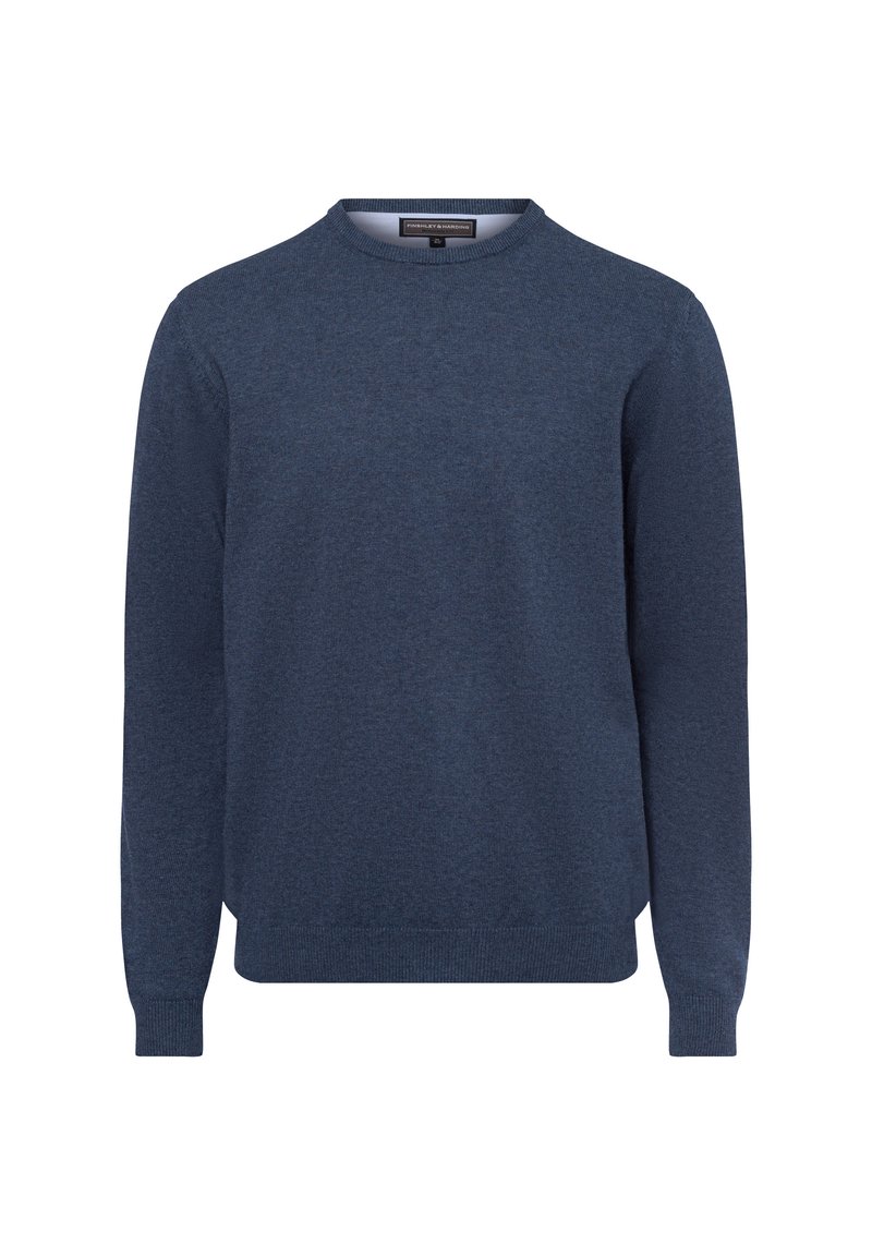 Dunkelblauer, gestrickter Pullover mit Rundhalsausschnitt, langen Ärmeln und gerippten Bündchen. Der Stoff hat eine weiche Textur mit einem dezenten melierten Muster.