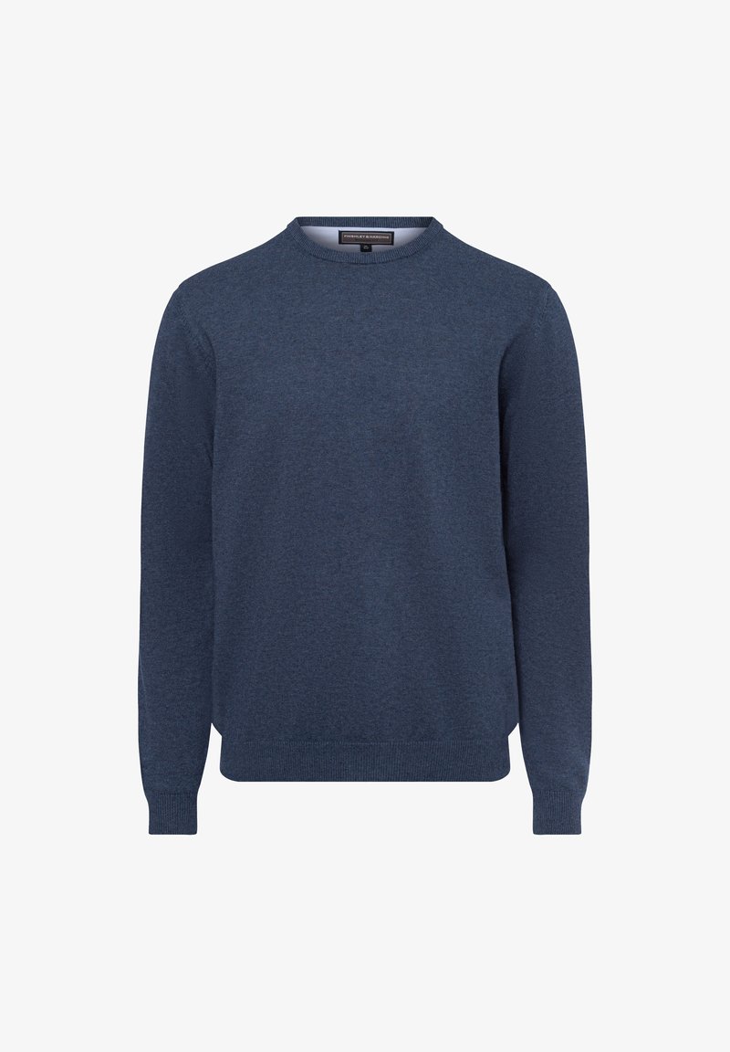 Dunkelblauer, gestrickter Pullover mit Rundhalsausschnitt, langen Ärmeln und gerippten Bündchen. Der Stoff hat eine weiche Textur mit einem dezenten melierten Muster.