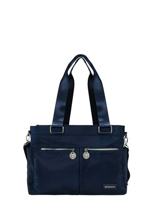 Bolsa tote azul marino oscuro con dos bolsillos frontales con cremallera, tiradores redondos plateados, correas anchas para el hombro y parche con el logo Bosanova.