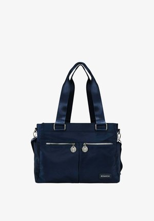 Bolsa tote azul marino oscuro con dos bolsillos frontales con cremallera, tiradores redondos plateados, correas anchas para el hombro y parche con el logo Bosanova.