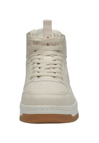High-top sneaker made of cream-colored synthetic material with textured accents, flat laces, and a gum rubber outsole.