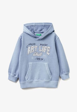 Sweat à capuche bleu clair en coton, doté d'une poche avant, de poignets côtelés et d'un design graphique en texte sur le devant.