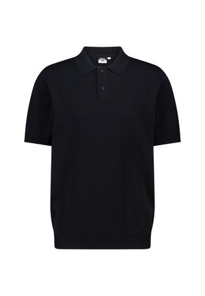 Polo noir en tissu tricoté, avec un col, une patte de boutonnage à deux boutons et des manches courtes. Ourlet côtelé en bas.