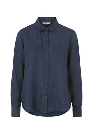 Námorně modrá lněná košile s dlouhými rukávy, zapínání na knoflíky a klasický límec. Obsahuje zakřivený lem a jemnou texturu.