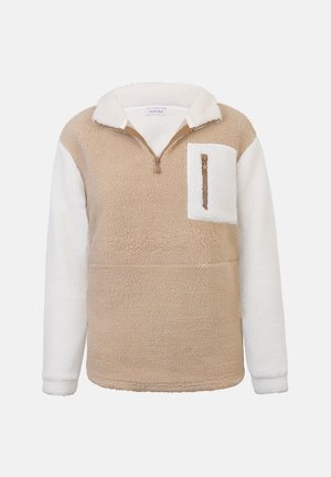 Beige och vit fleecetröja med kvartszip, vit hög krage, långa vita ärmar och en vit zip-försedd bröstficka.