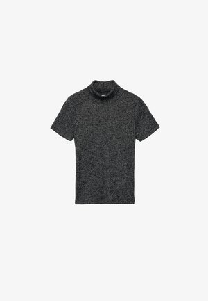 Suéter de cuello alto de manga corta en negro y gris jaspeado. Presenta una textura acanalada y un corte ajustado, adecuado para superponer.