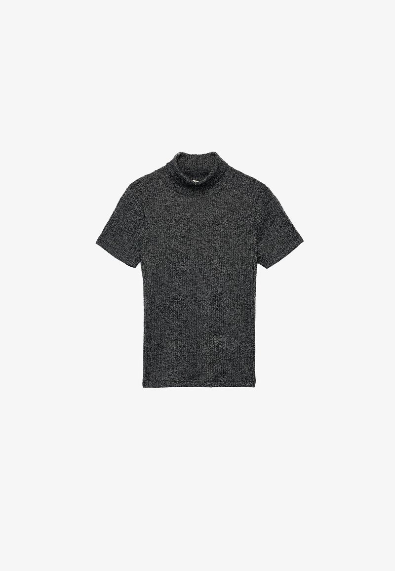 Sweter z krótkim rękawem w kolorze czarnym i szarym melanżowym. Posiada prążkowaną teksturę i dopasowany krój, idealny do noszenia w warstwach.