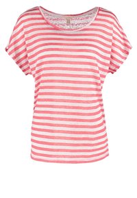 T-shirt femme à manches courtes avec des rayures horizontales roses et blanches et un col rond.