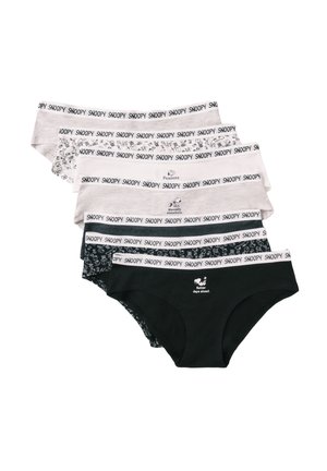 Vijf paar damesslips met Snoopy-thema in grijs, wit en zwart met Snoopy-tekst op de elastische taillebanden.