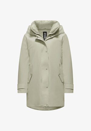 Light gray waterproof parka with a hood, snap buttons, two side pockets, and a smooth texture. Tailored fit and mid-length design.