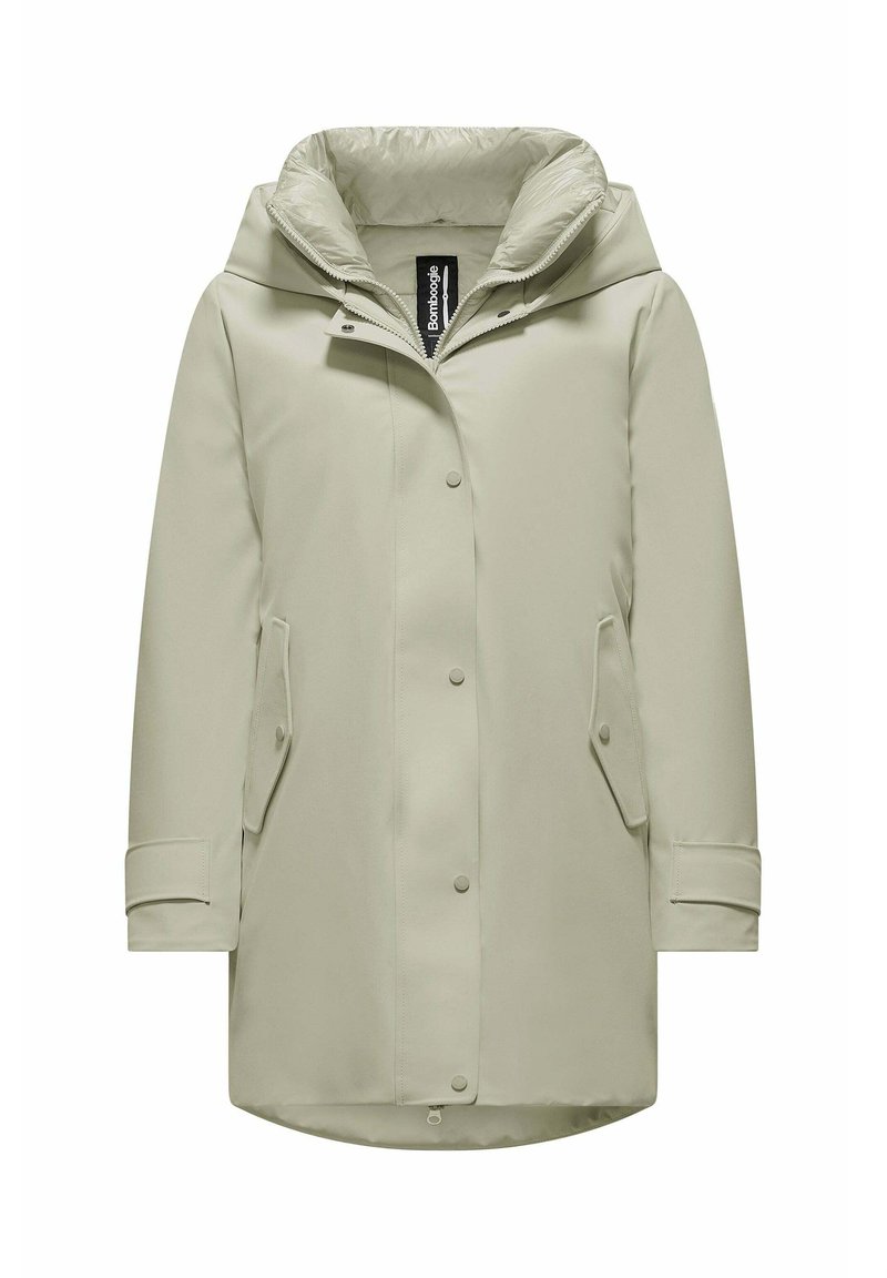 Lichtgrijze waterdichte parka met een capuchon, drukknoopsluitingen, twee zijzakken en een gladde textuur. Getailleerde pasvorm en middellange uitvoering.
