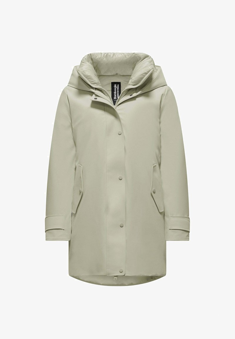 Parka impermeabile grigio chiaro con cappuccio, bottoni a pressione, due tasche laterali e una texture liscia. Fit sagomato e design di lunghezza media.