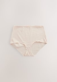 Ropa interior femenina de talle alto en beige claro con un pequeño lazo en el centro frontal sobre un fondo claro y liso.
