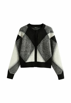 Schwarze und weiße Strickjacke mit Rautenmuster, weicher Stricktextur, Rundhalsausschnitt und Knopfverschluss. Lange Ärmel mit ribbelten Bündchen.
