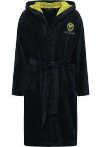 Navyblauwe badjas met capuchon, gemaakt van zachte, pluche stof, met voorzakken, een strikceintuur en een contrasterende gele binnenvoering.