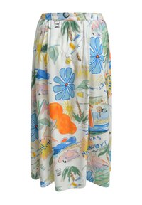 Bunt gemusterter, knielanger Rock aus leichtem Material mit einem tropischen Druck von Blumen, Palmen und Strandszenen. Elastischer Bund.