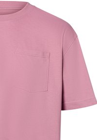 Rosa Kurzarm-T-Shirt aus weicher Baumwolle mit einem runden Halsausschnitt und einer kleinen aufgenähten Tasche auf der linken Seite.