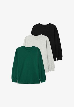 Drei Langarm-T-Shirts: dunkelgrün, hellgrau und schwarz. Aus Baumwolle, Rundhalsausschnitt, lockere Passform, schlichtes Design ohne Muster.
