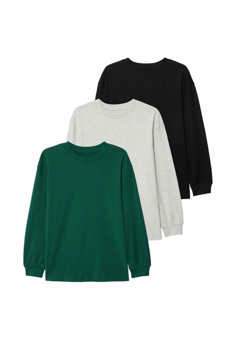 Drei Langarm-T-Shirts: dunkelgrün, hellgrau und schwarz. Aus Baumwolle, Rundhalsausschnitt, lockere Passform, schlichtes Design ohne Muster.