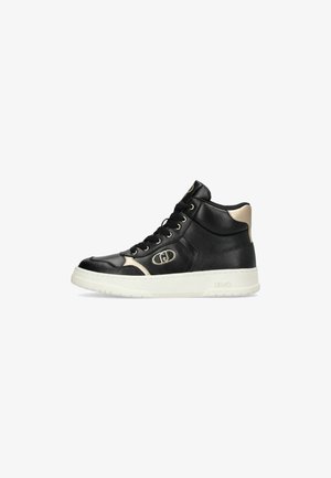 Sorte læder high-top sneakers med en beige detalje, rund tå, hvid sål og guldlodde hardware med logo detaljer på siden.