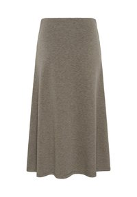 Ceļa garuma olīvu zaļš džersija svārki ar gludu tekstūru, pieguļošu jostas vietu un izplestu apakšējo malu. Nav redzami raksti vai citi aksesuāri.