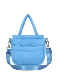 Kék párnázott kézitáska dupla fogantyúval, cipzáras záródással, elülső zsebekkel és állítható vállpánttal. Simább textúrával és diszkrét fényességgel rendelkezik.