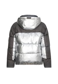 Gepolsterte Jacke mit Kapuze; metallic silberne Vorderseite und dunkelgraue Rückseite. Hat ein gep quiltetes Design und elastische Bündchen für einen engen Sitz.