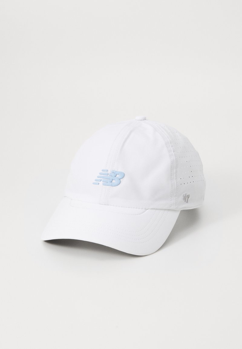 White cap made of lightweight fabric, featuring a structured front, curved brim, and ventilated sides. Embroidered logo in light blue.