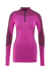 Camicia a maniche lunghe aderente in un vivace rosa brillante e bordeaux scuro, con colletto a mezza zip, motivi a zigzag sulle maniche e tessuto testurizzato.