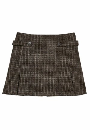 Hnedá károvaná sukňa s plisovaným dizajnom, dvoma prednými gombíkmi a štruktúrovanou tkaninou. Pás je s čistým lemovaním.