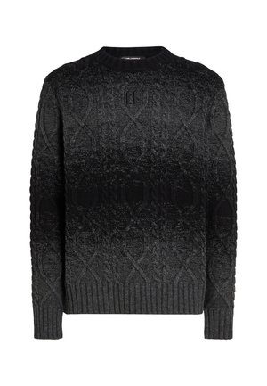Maglione nero lavorato a maglia con scollatura rotonda, caratterizzato da un motivo a trecce testurizzato, polsini e orlo a coste, che si scurisce gradualmente dal grigio scuro al nero.