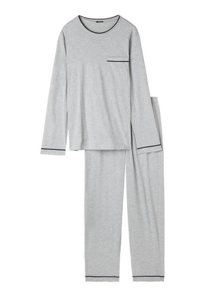 Graues langärmliges Schlafanzugset mit Rundhalsausschnitt, schwarzen Akzenten und einer linken Brusttasche auf dem Oberteil. Weicher, glatter Stoff.