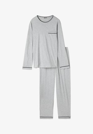 Szary komplet piżamy z długim rękawem, z okrągłym dekoltem, z czarnymi akcentami i kieszonką na lewym piersiu na górze. Miękki, gładki materiał.