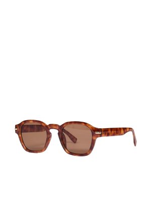 Occhiali da sole rettangolari con lente marrone e spesse montature in tartaruga con aste leggermente curve su sfondo bianco.