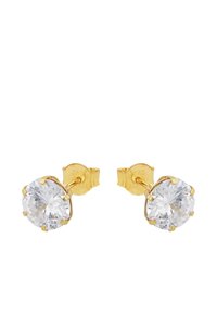 Par av guldknappar med runda klara ädelstenar i sexklorade inställningar på en vit bakgrund.