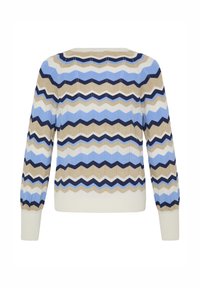 Pull en tricot avec un motif chevron en nuances de bleu, beige et marine. Manches longues, poignets côtelés et encolure arrondie.