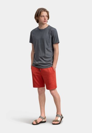 T-shirt gris à col rond, short rouge avec poches et sandales grises à brides. Coupe décontractée, tissu doux et design relaxé.