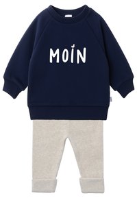 Navy blue cotton sweatshirt with “MOIN” in white letters, paired with light gray ribbed leggings. Sweatshirt features ribbed cuffs and hem.