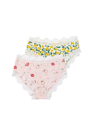 Two pairs of lace-trimmed girls' underwear, one with yellow lemons and green leaves, the other with red strawberries on a pink background.