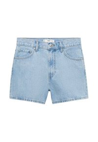 Shorts en denim bleu clair à taille haute, avec deux poches avant et une fermeture à bouton. Le tissu a une texture légèrement délavée.