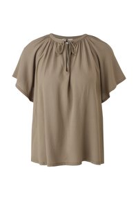 Blouse manches courtes taupe avec encolure froncée et détail lien, coupe ample et tissu texturé, présentée sur fond blanc.