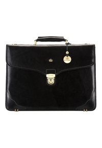 Schwarze Ledertasche mit strukturierter Form, ausgestattet mit einem goldfarbenen Verschluss, einem oberen Griff und einem kleinen Anhänger. Glatte Textur.