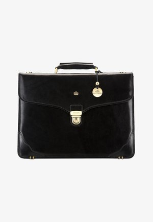 Black leather briefcase with a structured shape, featuring a gold-tone clasp, top handle, and a small hanging tag. Smooth texture.