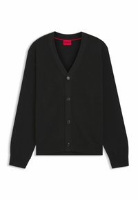 Svart cardigan i ribbad textur med V-ringning, som har knäppning fram och helfärgade muddar. Logotypdetalj på nedre sidan.