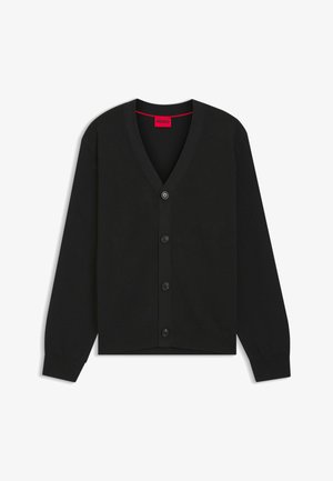 Cardigan nero in trama a coste con scollo a V, dotato di chiusura anteriore con bottoni e polsini solidi. Dettaglio del logo sul lato inferiore.